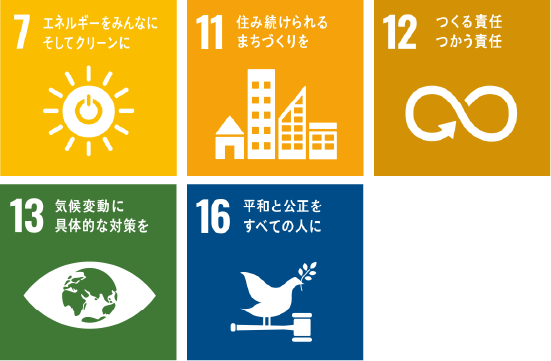 7:エネルギーをみんなにそしてクリーンに　11:住み続けられるまちづくりを　12:つくる責任つかう責任　13:気候変動に具体的な対策を　16:平和と公平をすべての人に